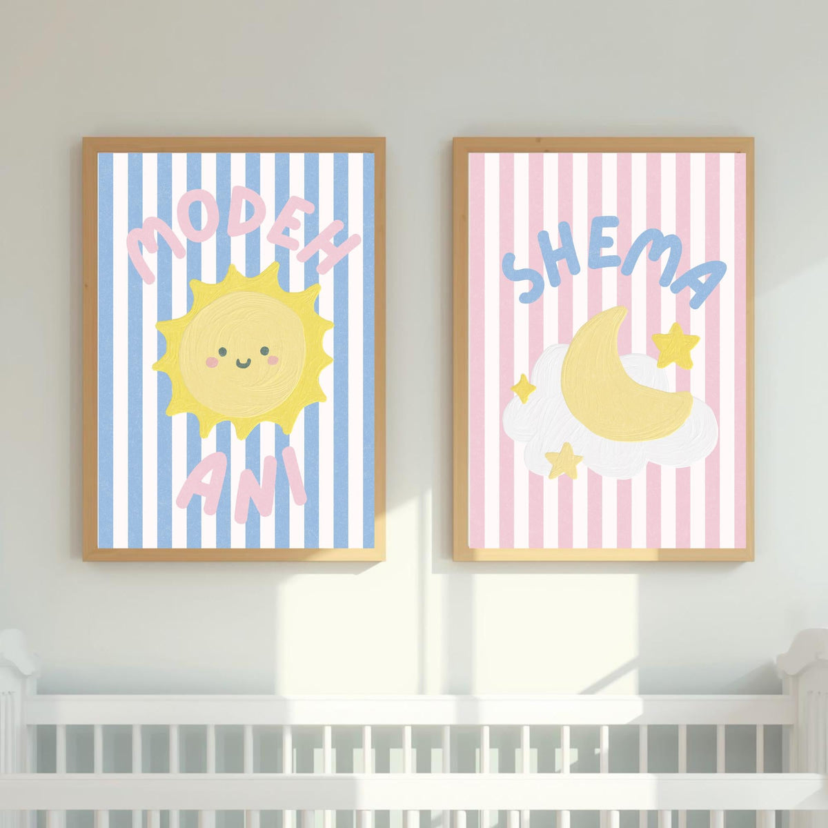 Modeh Ani and Shema prints framed above a crib