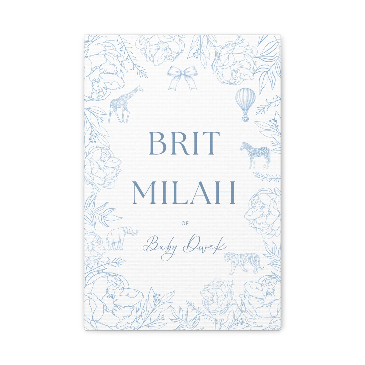 Toile animal brit milah welcome sign on an easel