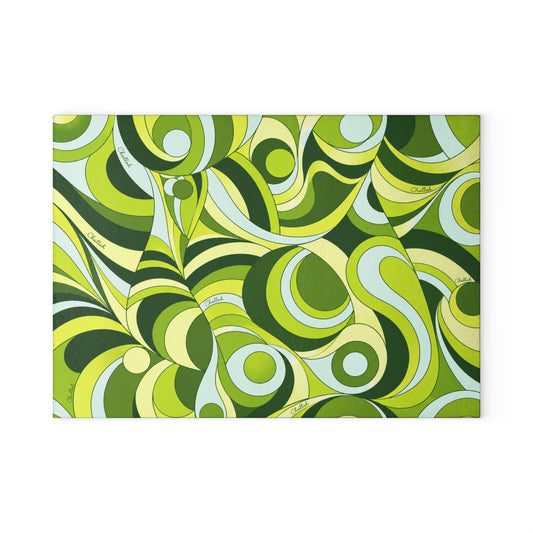 Green psychedelic swirl print tempered glass challah board on a Shabbat table