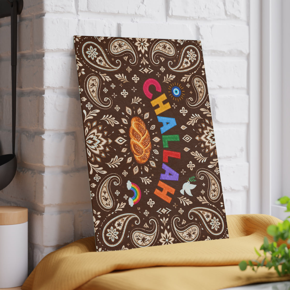 Challah Board & Menorah Drip Tray | Brown Paisley Glass Tray | Shabbat & Hanukkah Judaica Gift
