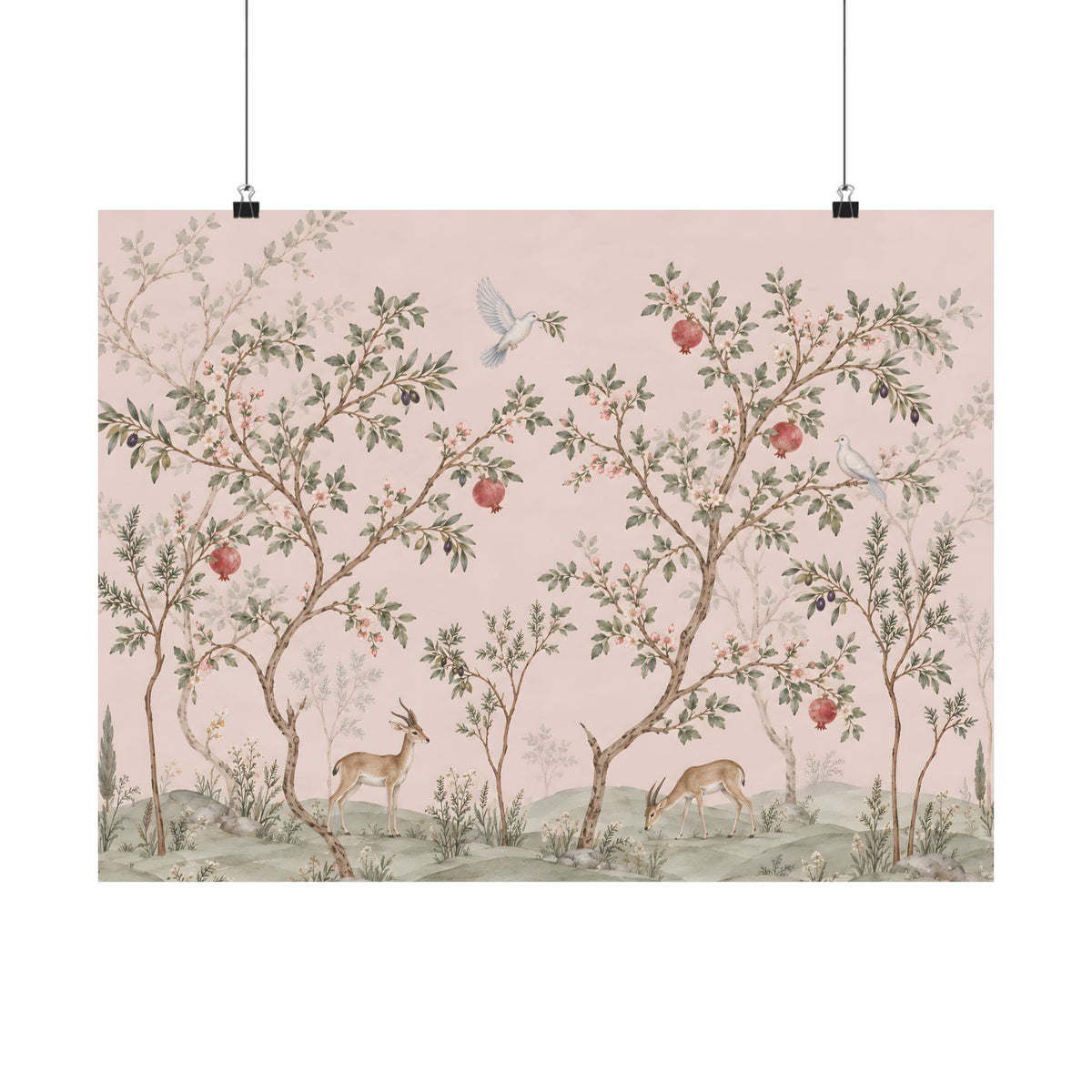 Nursery Wall Art | Pink Chinoiserie Gazelle & Pomegranate Print | Jewish Nursery Decor | Baby Girl Gift