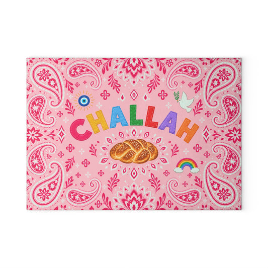 Hot pink bandana paisley print tempered glass challah board on a Shabbat table