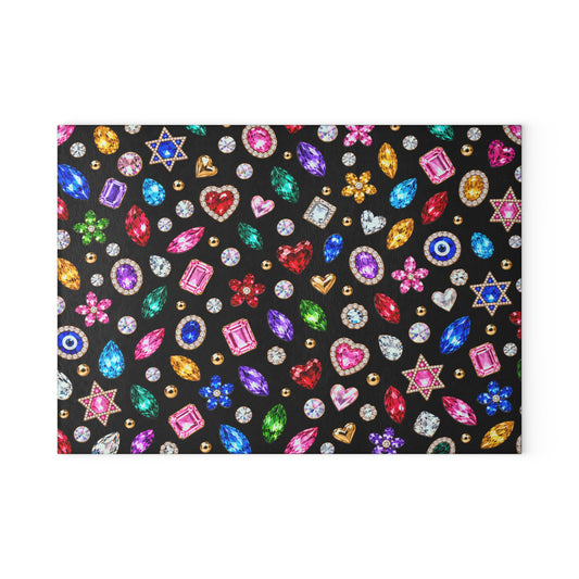 Jewel-toned gemstone print tempered glass challah board on a Shabbat table