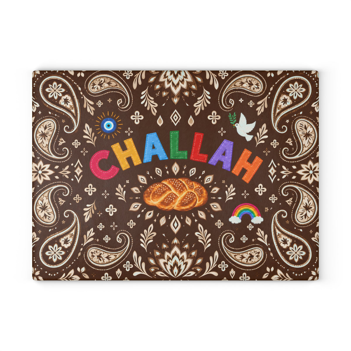 Challah Board & Menorah Drip Tray | Brown Paisley Glass Tray | Shabbat & Hanukkah Judaica Gift