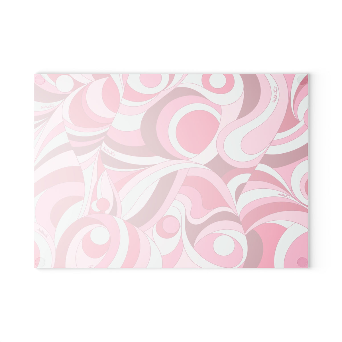 Pink psychedelic swirl print tempered glass challah board on a Shabbat table