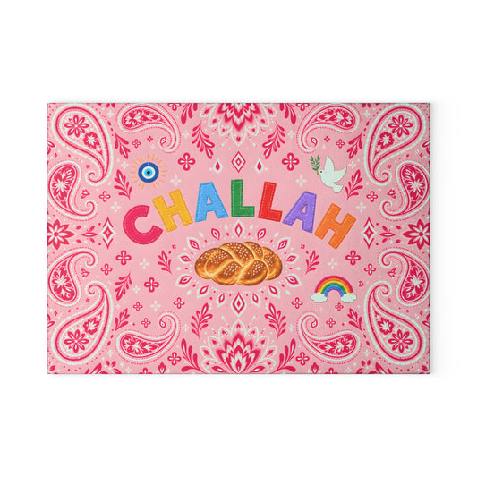Pink Paisley Glass Challah Board & Menorah Drip Tray