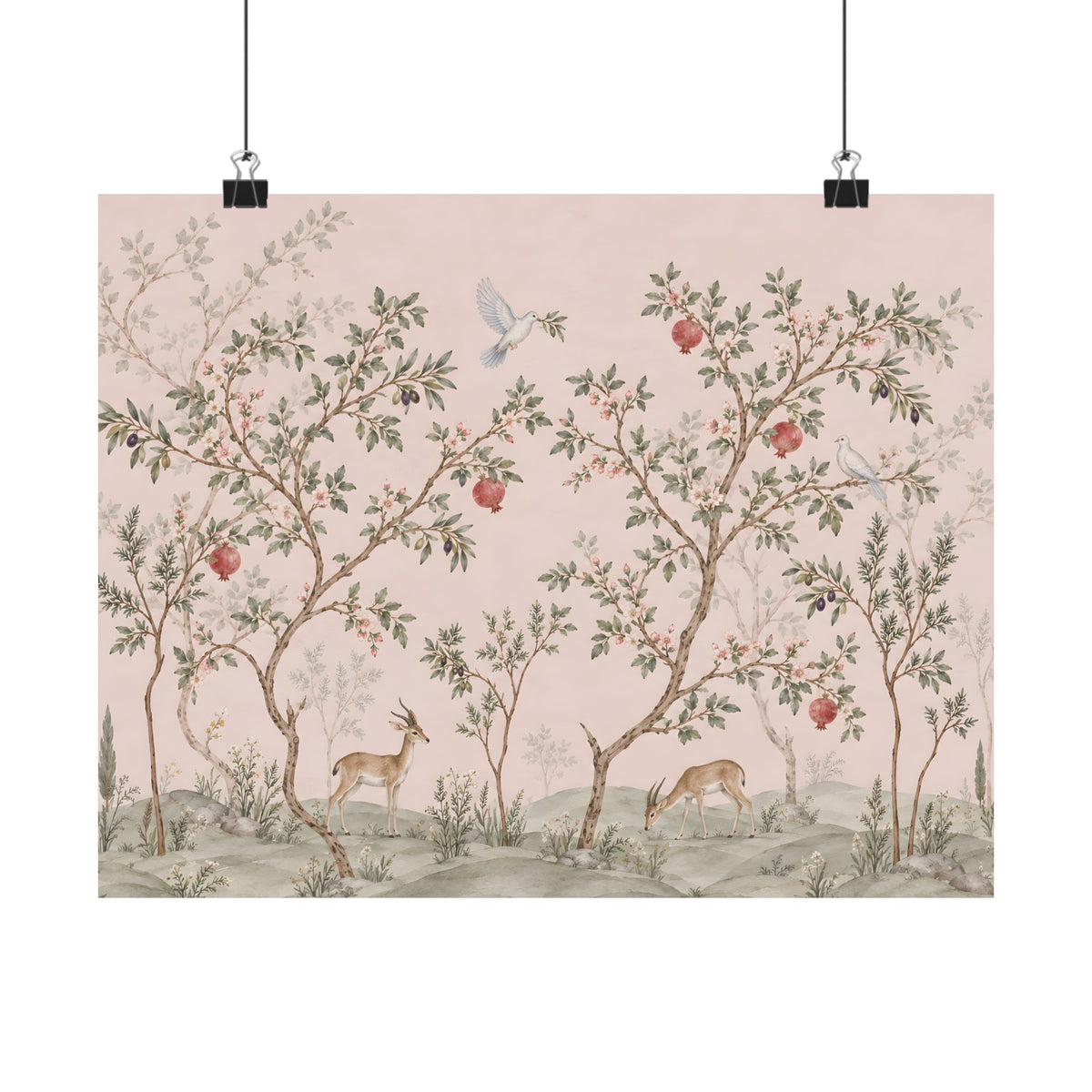 Nursery Wall Art | Pink Chinoiserie Gazelle & Pomegranate Print | Jewish Nursery Decor | Baby Girl Gift