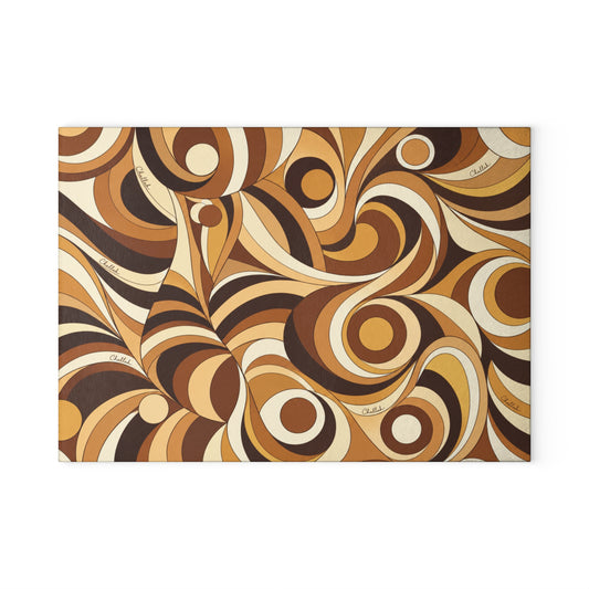 Brown psychedelic swirl print tempered glass challah board on a Shabbat table