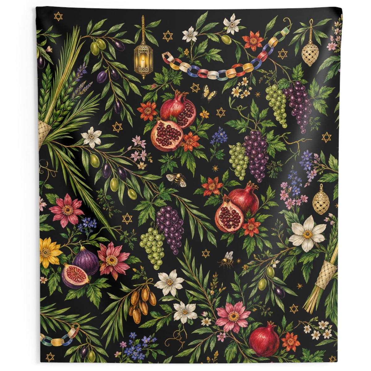 A square textile or fabric panel featuring an intricate, colorful botanical and Judaica pattern on a black background, including pomegranates, grapes, flowers, leaves, and a mezuzah.
