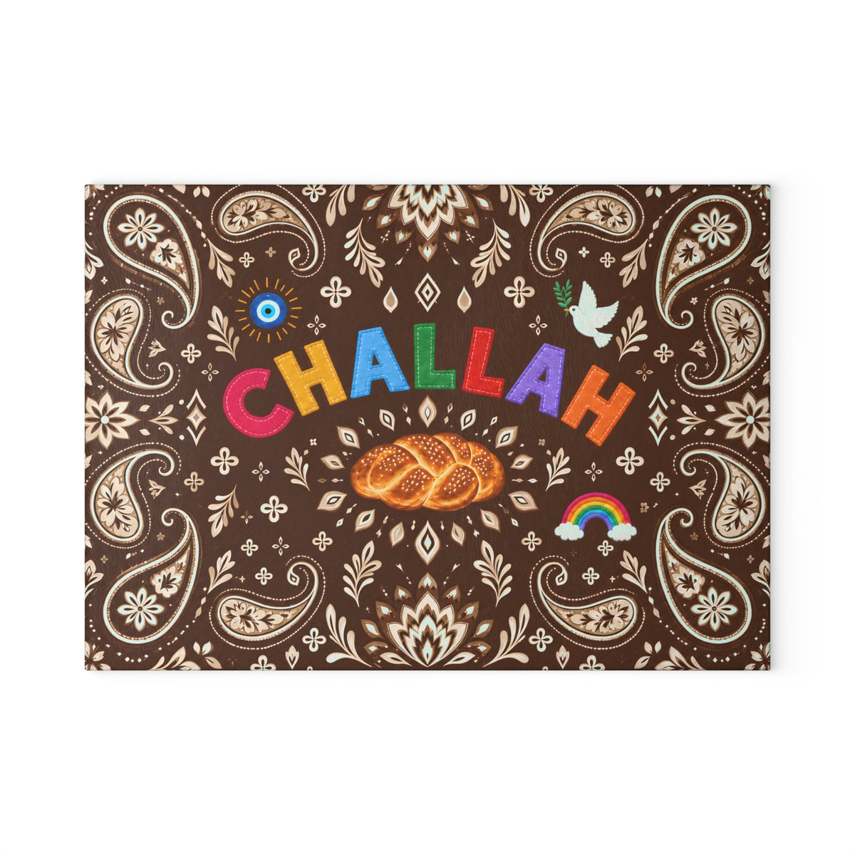 Challah Board & Menorah Drip Tray | Brown Paisley Glass Tray | Shabbat & Hanukkah Judaica Gift